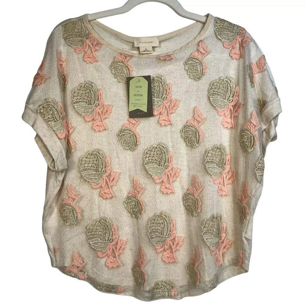 NWT Brand label Womens Beige Cap Sleeve Floral Embroidered Blouse Top Size Small - Picture 2 of 12